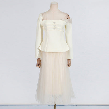 Women's Fashion Square Collar Gauzy Stitching High Suits