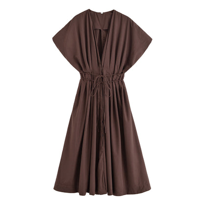 Women's Pullover Pleated Draping Shoulder Sleeve Midi Dresses