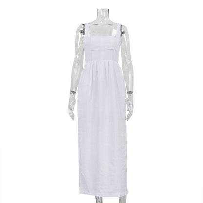 Women's White Suspender Dress Casual Fold Split Dresses