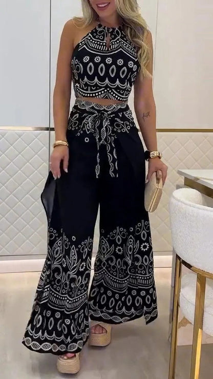 Women's Summer Retro Ethnic Style Halter Wide Suits