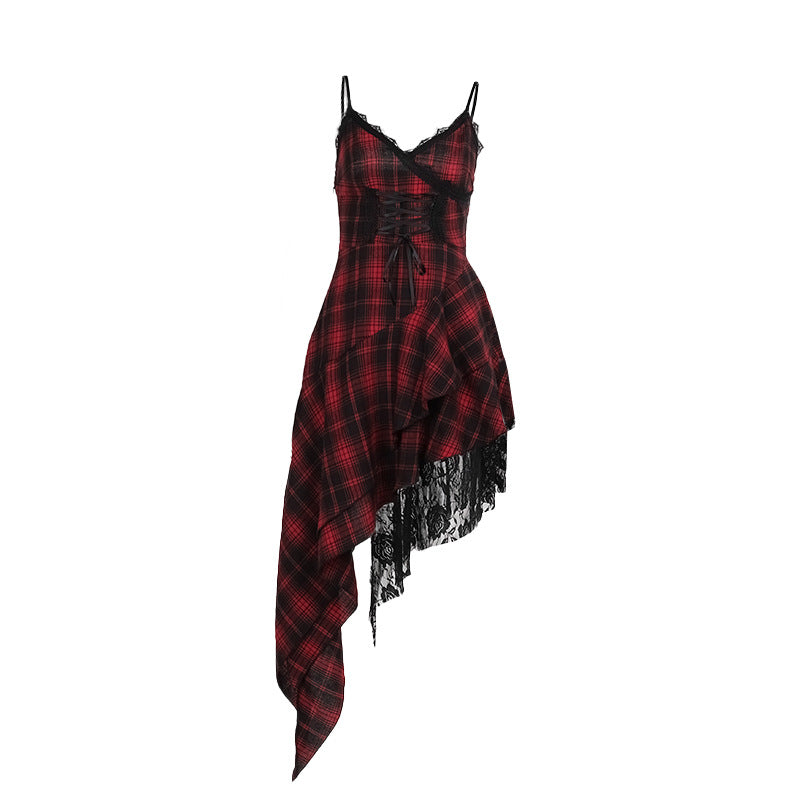 Women's Camisole Dark Irregular Stitching Hem Plaid Dresses
