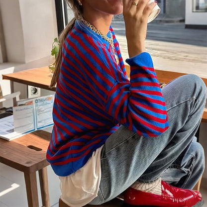 Women's Casual Simple Striped Long-sleeved T-shirt Woolen Blouses