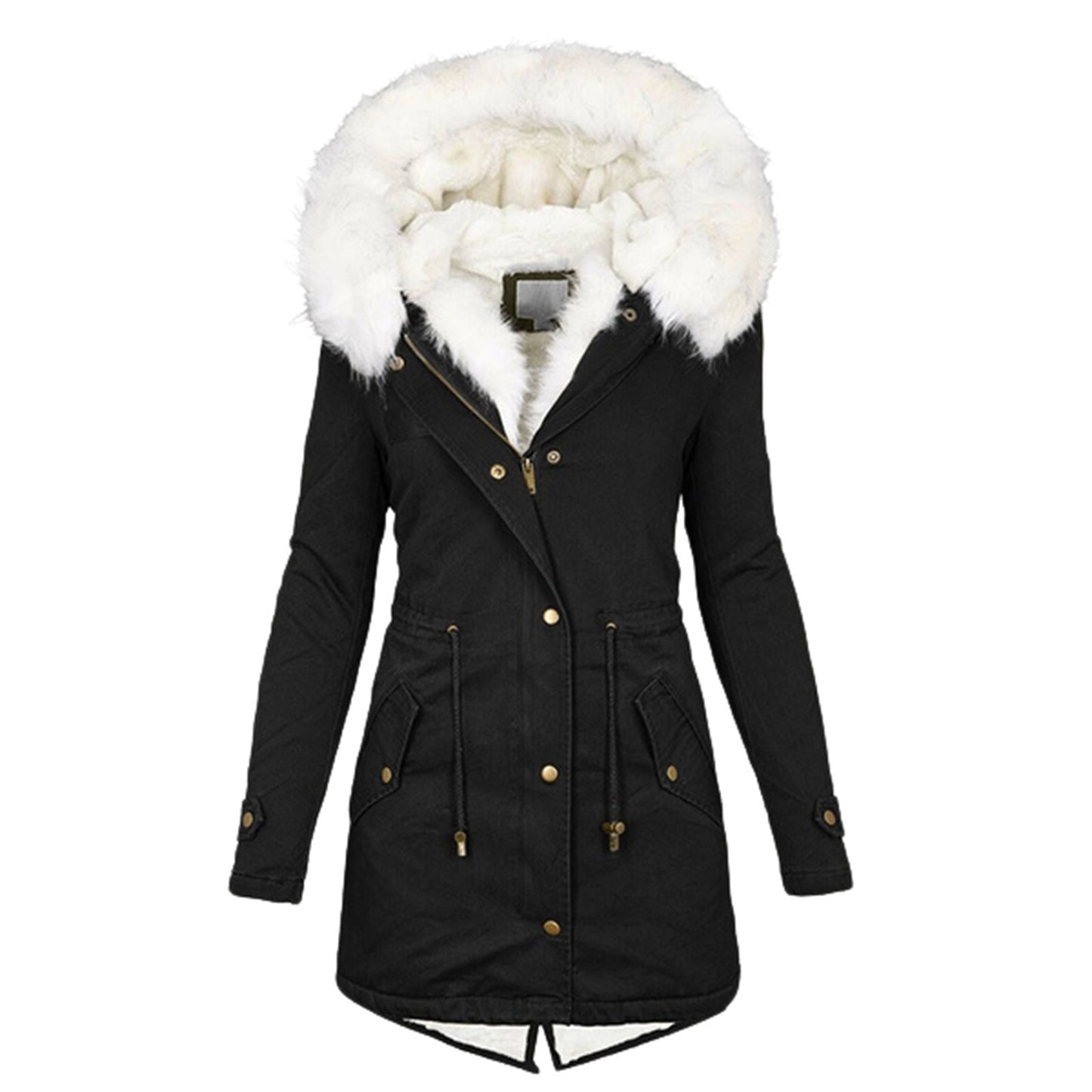 Women's Mid-length Trench White Fur Collar Hood Coats