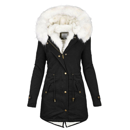 Women's Mid-length Trench White Fur Collar Hood Coats