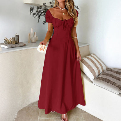 Women's Pure Color Tied Pleating Puff Sleeve Dresses