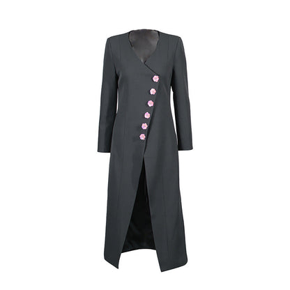 Commute Style Flower Button Stitching Design Solid Color Long Coats