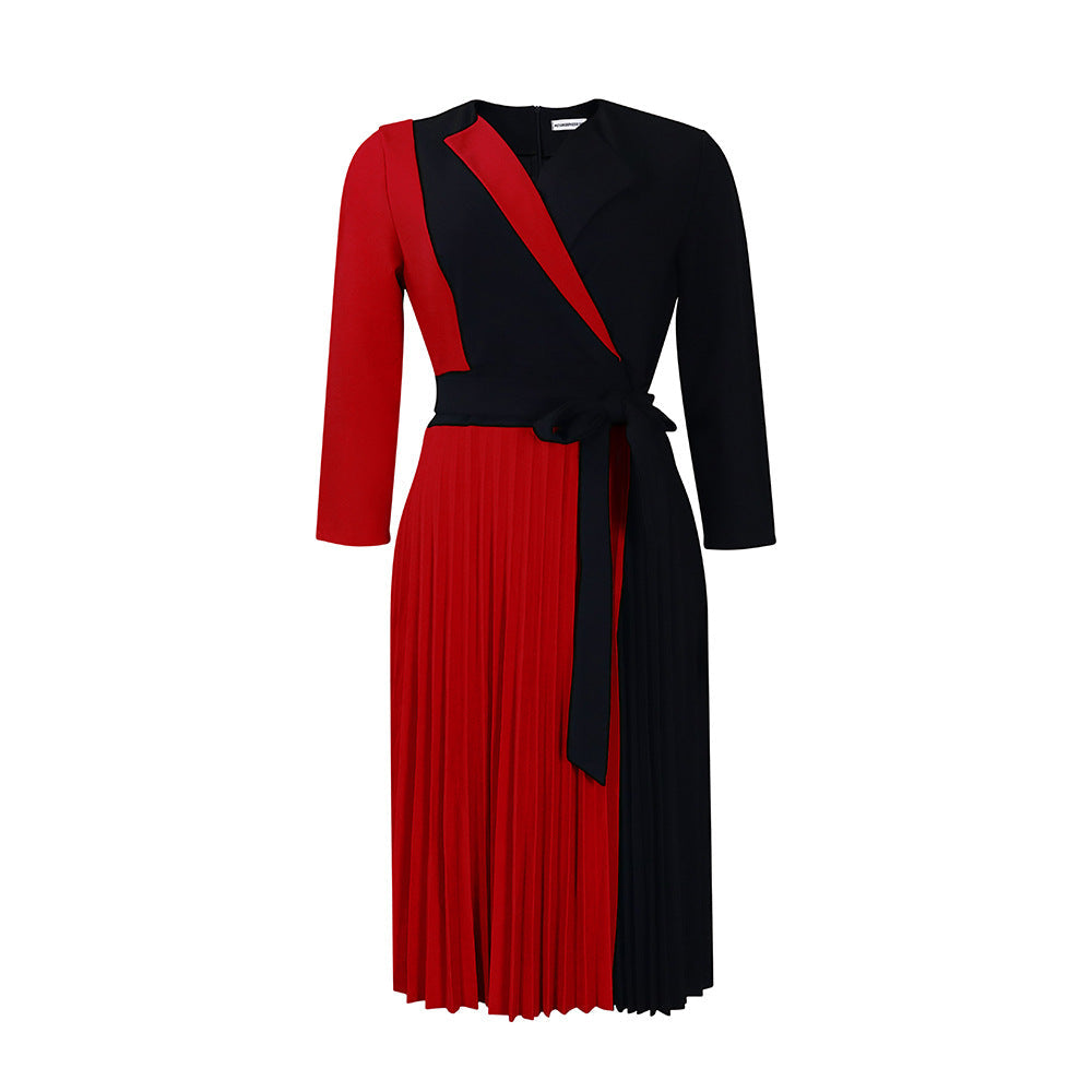 Women's Fashion Temperament Color Matching Bandage Pleated Dresses