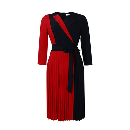 Women's Fashion Temperament Color Matching Bandage Pleated Dresses
