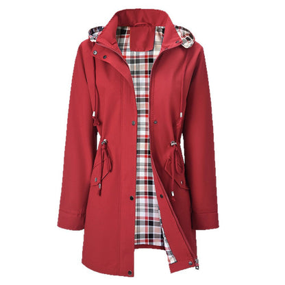 Women's Hooded Drawstring Plaid Lined Trench Coats