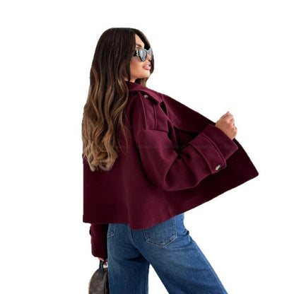 Women's Fashionable Collar Solid Color Woolen For Coats