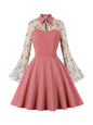 Women's Black Sleeve Mesh Embroidered Bell Patchwork Dresses