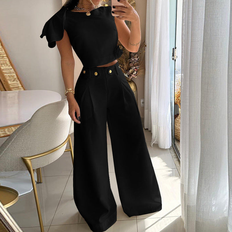 Women's Autumn Fashion Solid Color Single Room Petal Sleeve High Suits