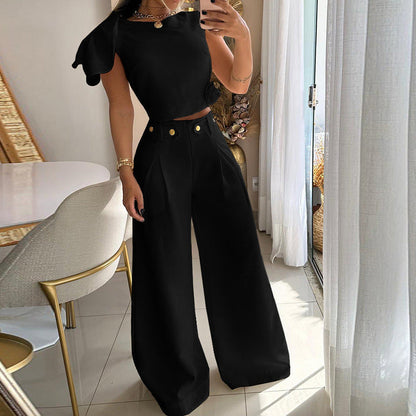 Women's Autumn Fashion Solid Color Single Room Petal Sleeve High Suits