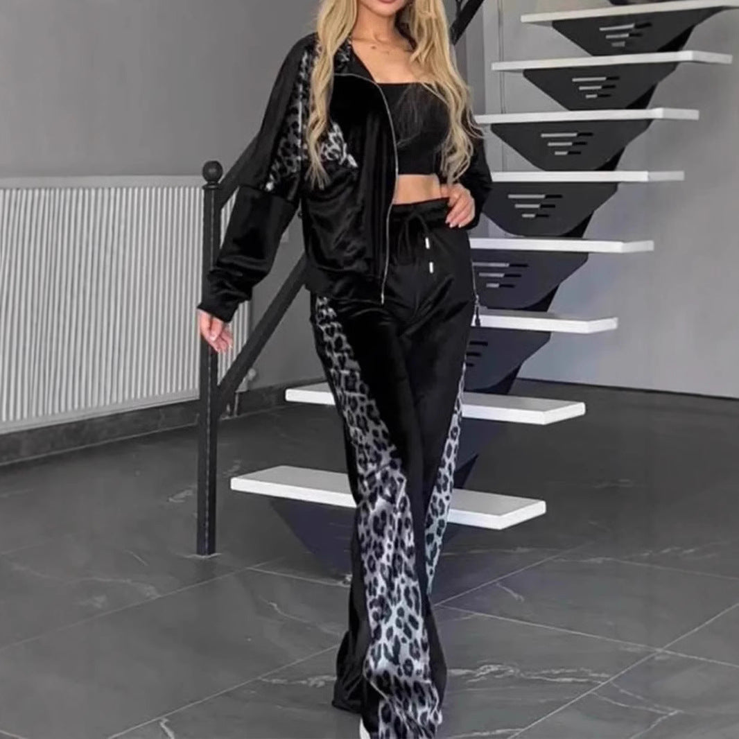Women's Leopard Veet Casual Fashion Sports Set Suits