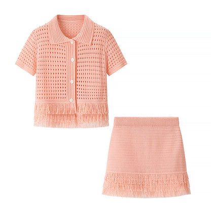 Women's Tassel Short-sleeved Knitted High Waist Mini Suits