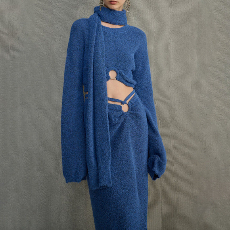 Women's Klein Blue Knitting Autumn Split Scarf Three-piece Suits