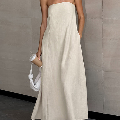 Women's Cotton Linen Tube Vacation High Waist Dresses
