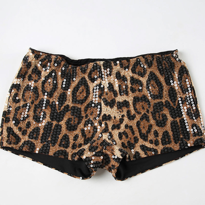 Women's Spring Leopard Print Sequins High Waist Tight Shorts