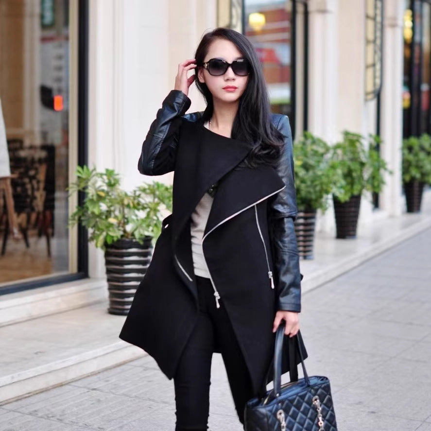 Mid-length Large Stitching Leather Sleeve Woolen Coats