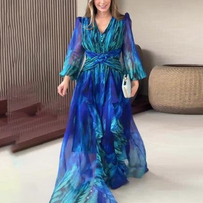 Vintage Fashion Print Long Sleeve Elegant Dresses