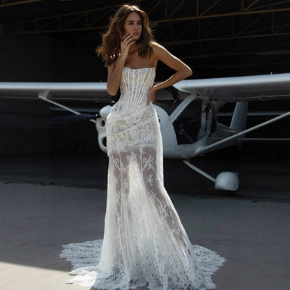 Women's Sexy Lace Stitching Waist Tube Dress Dresses