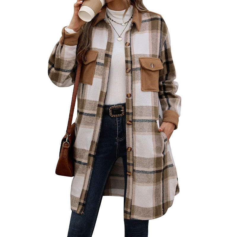 Women's Fashion Brushed Long Plaid Shirt Coats