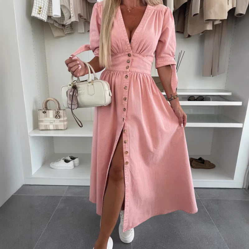 Women's Fashion Long Sleeve Loose Denim Button Dresses