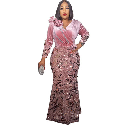 Luxury African Fashion Slim Veet Sequined Dresses