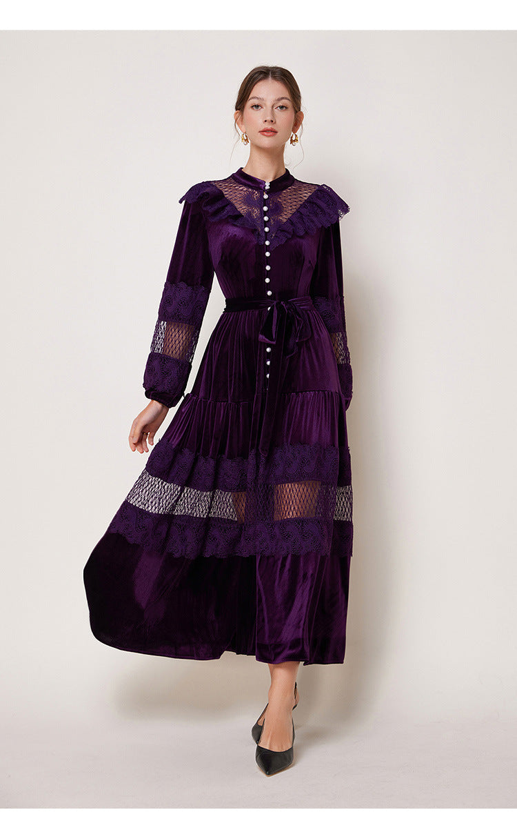 Women's Fashion Stand Collar Pearl Single-breasted Lace Stitching Dresses