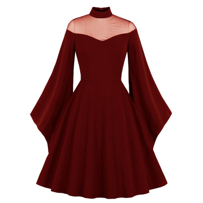 Black Queen Mesh Flared Sleeves Patchwork Dresses