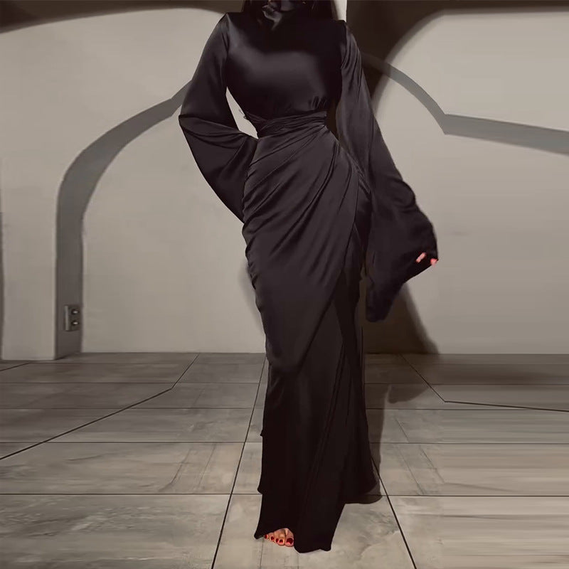 Women's Pleated Long Sleeve Waist Irregular Solid Dresses