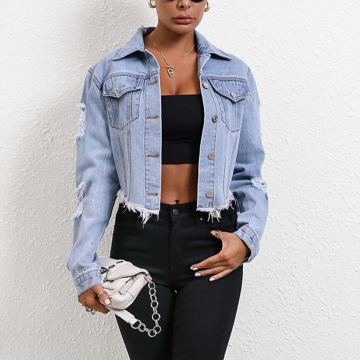 Women's Casual Loose Hole Long Sleeve Denim Coats