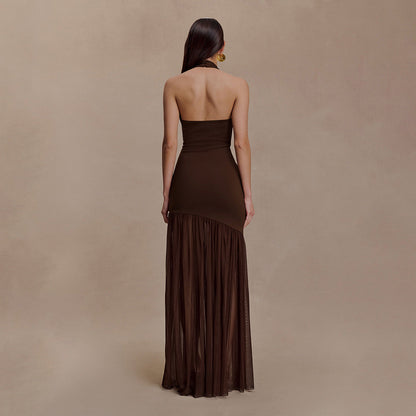 Women's Mesh Stitching Halter Dress Fitted Waist Dresses