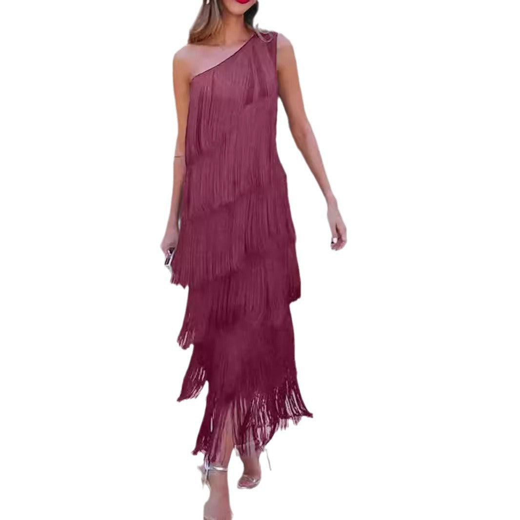 Classy Fashion Tassel Shoulder Asymmetric Dress Dresses