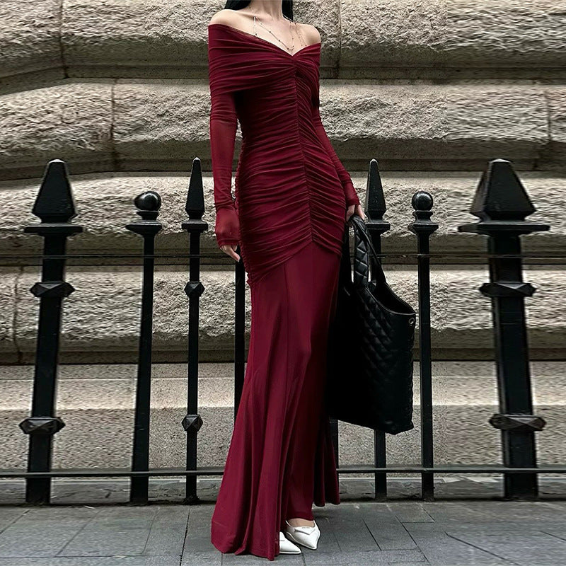Women's Autumn Elegant Pleated Red Dress Dresses