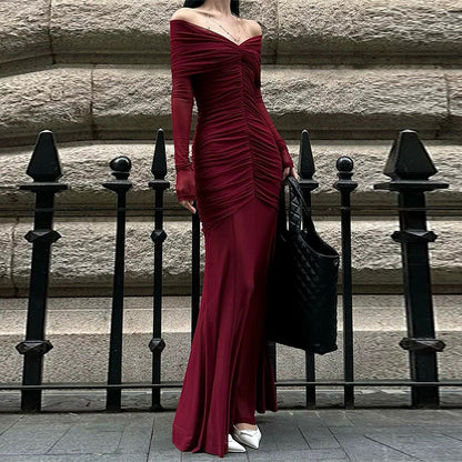 Women's Autumn Elegant Pleated Red Dress Dresses
