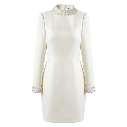 Beaded Stand-up Collar Long-sleeved Dress Light Dresses
