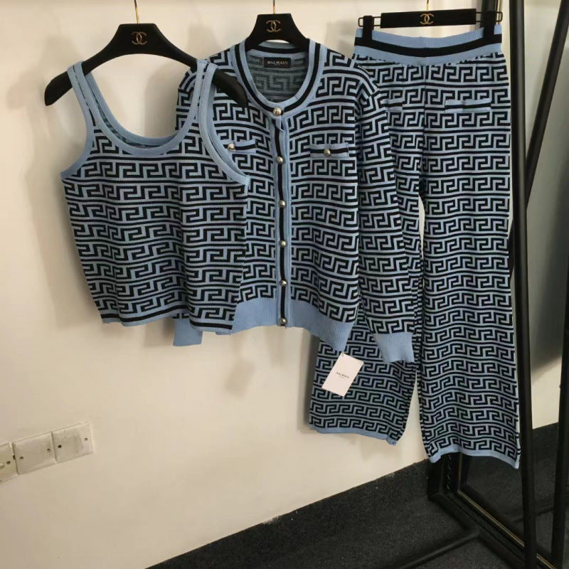 Women's Jacquard Knitted Three-piece Set High Waist Suits