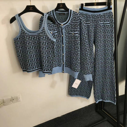Women's Jacquard Knitted Three-piece Set High Waist Suits