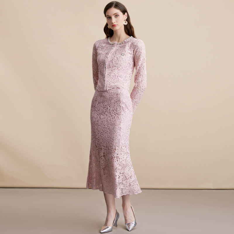 Diamond Round Neck Long Sleeve Crocheted Lace Dresses