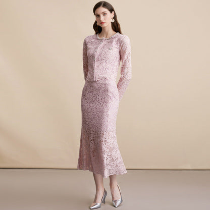 Diamond Round Neck Long Sleeve Crocheted Lace Dresses