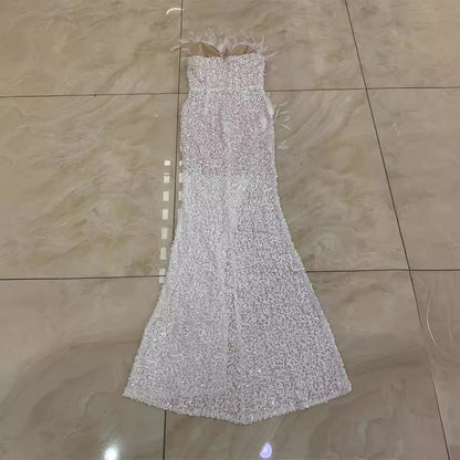 Gorgeous Feather Sequins Beaded High Slit White Tube Dresses