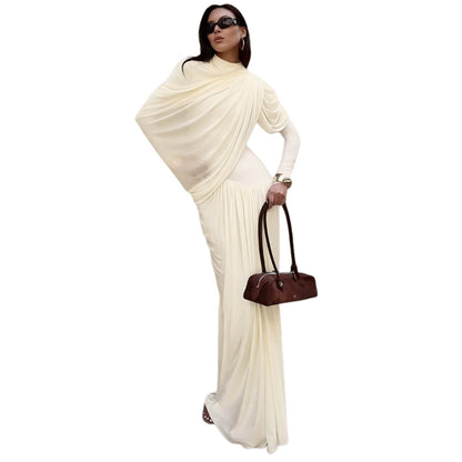 Women's Neck Waist Trimming Pleated Long-sleeved Dress Dresses