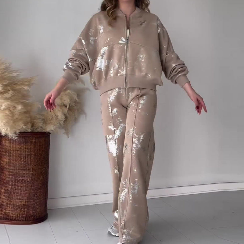 Summer Fashionable Sequins Printed Zipper Casual Suits