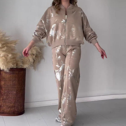 Summer Fashionable Sequins Printed Zipper Casual Suits