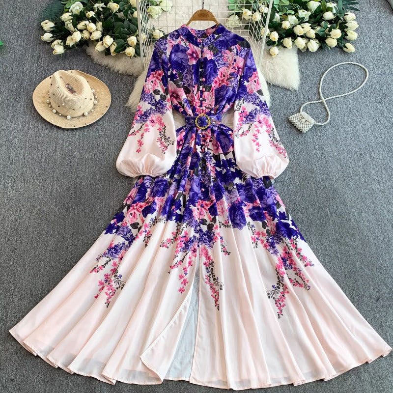Women's Lantern Long Sleeve Single-breasted Printed Dress Dresses