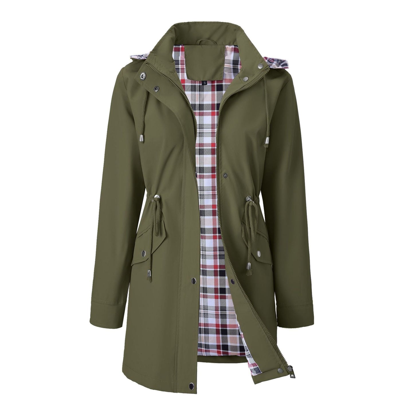 Women's Hooded Drawstring Plaid Lined Trench Coats