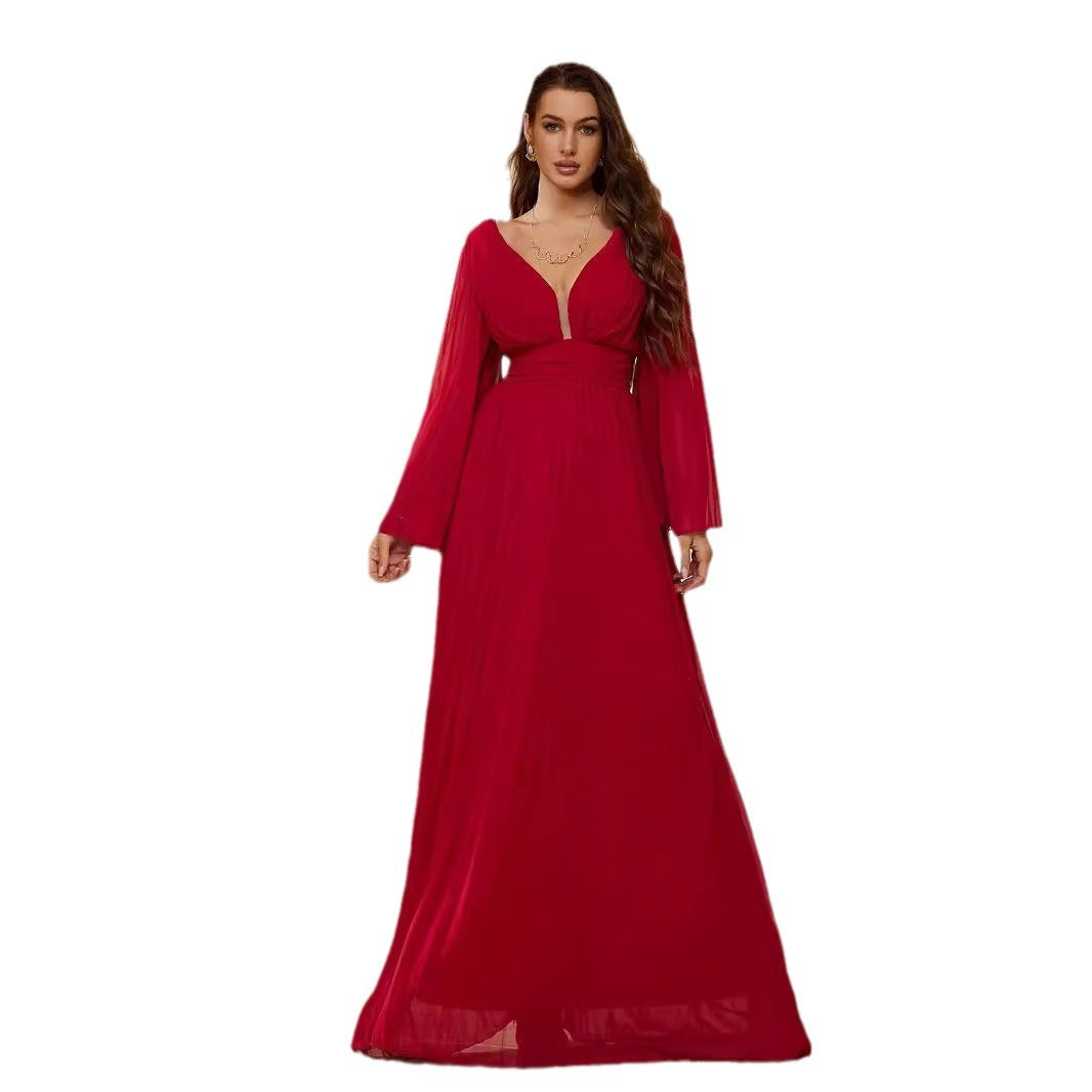 Women's Sexy Deep V Long-sleeved Dress Slim Wedding Dresses