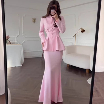 Women's Solid Color Long-sleeved Long Dress Graceful Suits