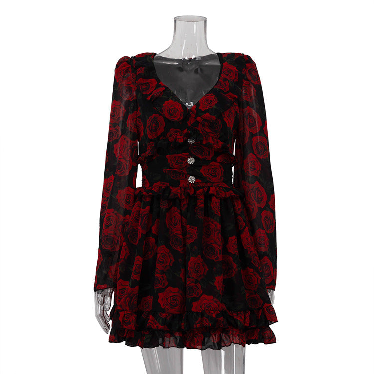 Women's Printed Long Sleeve Elegant Dress Autumn Floral Dresses